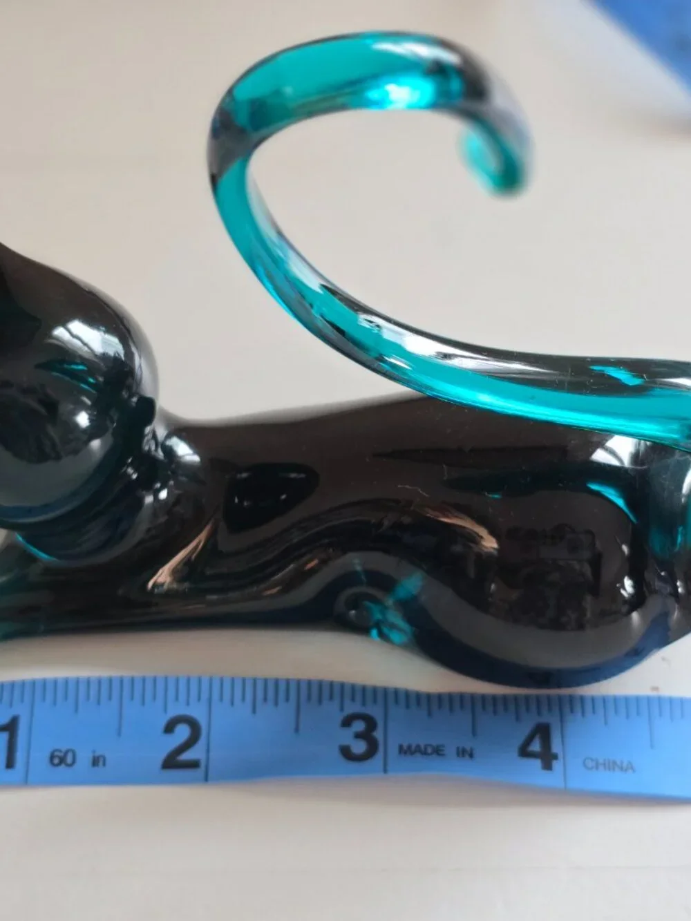 Vintage Hand Blown Glass Cat Figurine Teal/Dark Blue Black